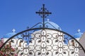 Details of a typical greek church with blue domes in Perissa, Santorini, Greece Royalty Free Stock Photo