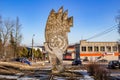 Detchino, Russia - March 2016: Stela with the Soviet symbol Sickle and Hammer