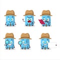 Detective blue chalk cute cartoon character holding magnifying glass