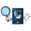 Detective blue passport above character wooden table