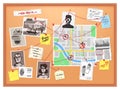 Detective board. Cops crime investigation plan, board with pinned photos, newspapers and notes, map structural analysis Royalty Free Stock Photo