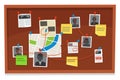 Detective board. Crime evidence connections chart, pinned newspaper and police photos. Investigation evidences vector