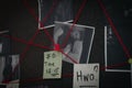 Detective board with crime scene photos, stickers, clues and red thread, closeup