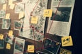 Detective board with photos of suspected criminals, crime scenes and evidence with red threads