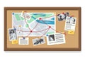 Detective board. Police evidence collection with map notes and traces. Photos of victims and suspects to blackboard