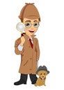 Detective boy with dog holding magnifying glass Royalty Free Stock Photo