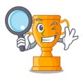 Detective cartoon trophy cup with star on cyan