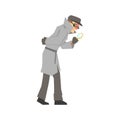 Detective character looking through magnifying glass, confident detective in gray coat searching vector Illustration Royalty Free Stock Photo