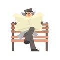 Detective character sitting on a bench and spying reading newspaper, private investigator, inspector or police officer