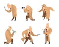 Detective in different action pose. Vector character in cartoon style Royalty Free Stock Photo
