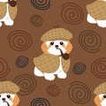 Detective dog seamless pattern background with cap, pipe. Sherlock Holmes dog costume. Cartoon dog puppy shih tzu background. Royalty Free Stock Photo