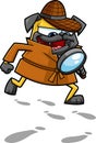 Funny Detective Pug Dog Cartoon Character With Magnifying Glass Following A Clues