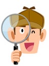 Detective face peeping into the magnifying glass, Smiling face