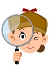 Detective face of a woman looking into the magnifying glass