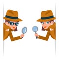 Detective female snoop magnifying glass tec peeking out corner search help noir cute character cartoon design isolated