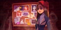 Detective girl stand at board with evidence photos