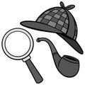 Detective Hat, Pipe and Magnifying Glass Illustration Royalty Free Stock Photo
