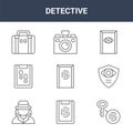 9 detective icons pack. trendy detective icons on white background. thin outline line icons such as fingerprint identification,