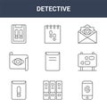 9 detective icons pack. trendy detective icons on white background. thin outline line icons such as smartphone, footprints, report Royalty Free Stock Photo