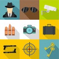 Detective icons set, flat style Royalty Free Stock Photo
