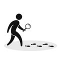 Detective investigate is following footprints. Man with loupe search footstep Vector illustration