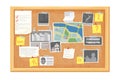 Detective investigation cork board, work place in cartoon style isolated on white background. Mystery photo, map, police Royalty Free Stock Photo