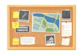 Detective investigation cork board, work place in cartoon style isolated on white background. Mystery photo, map, police Royalty Free Stock Photo