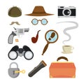 Detective Items Set Vector. Tec Agent Accessories. Hat, Glasses, Mustache, Tobacco, Camera, Magnifying Glass, Lock, Key Royalty Free Stock Photo