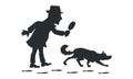 Detective with magnifying glass and tracker dog silhouette Royalty Free Stock Photo