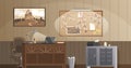 Detective office interior. Crime and criminal evidence. Wall board, wits and deduction system. Vector flat style cartoon