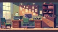 Detective office interior. Modern cartoon illustration of a police station room with an evidence board, computer, wooden Royalty Free Stock Photo