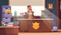 Detective in office. Police officer cartoon character in investigator cabinet workspace, private agent with crime scene