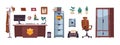 Detective office set. Police department interior elements, investigator workplace elements desk clue board with evidence