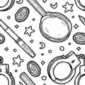 Detective pattern. Crime vintage spy, private business retro wallpaper with handcuffs, magnifying glass, ink sketch
