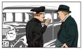 Detective and policeman near an antique car. Stock illustration.