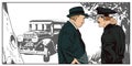 Detective and policeman near an antique car. Stock illustration.