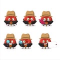 Detective red chinese traditional hat cute cartoon character holding magnifying glass