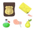 The detective`s badge, the handcuff on the criminal`s hand, the stump of the finger in the bag, the flask with the Royalty Free Stock Photo