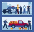 Detective search together dog, car police, fingerprint alarm, policeman uses a gun, design, cartoon style vector