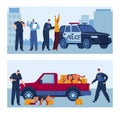 Detective search together dog, car police, fingerprint alarm, policeman uses a gun, design, cartoon style vector