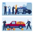 Detective search together dog, car police, fingerprint alarm, policeman uses a gun, design, cartoon style vector