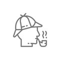 Detective, Sherlock Holmes with smoking pipe line icon.