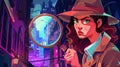 A detective story banner showing a woman sleuth on the trail of a criminal investigation. Modern landing page of a