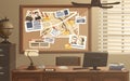 Detective workplace. Police office with investigation board. Searching evidences. Photos, notes and map attached to Royalty Free Stock Photo