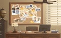 Detective workplace. Police office with investigation board. Searching evidences. Photos, notes and map attached to pinboard.