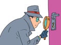 Detectives Magnifying glass peeping through the keyhole of the door. a private detective, a man in a coat, hat and Royalty Free Stock Photo
