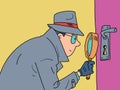 Detectives Magnifying glass peeping through the keyhole of the door. a private detective, a man in a coat, hat and