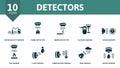 Detectors icon set. Contains editable icons sensor theme such as water quality sensor, smoke detector, color sensor and Royalty Free Stock Photo