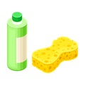 Detergent Bottle and Sponge as Household Cleaning Equipments Isometric Vector Composition