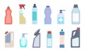 Detergent bottles. Cleaning supplies in plastic containers, bleach and household chemicals bottle, sanitary washing